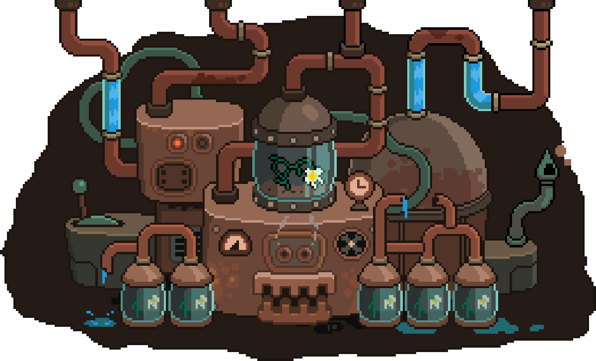 Pixel art of a steampunk-style machine with pipes, gauges, and glass containers holding glowing blue-green creatures.