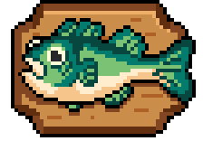 Pixel art of a green and white fish mounted on a wooden plaque.