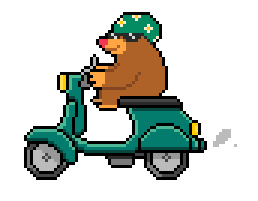 Pixel art of a bear wearing a green helmet riding a teal scooter.