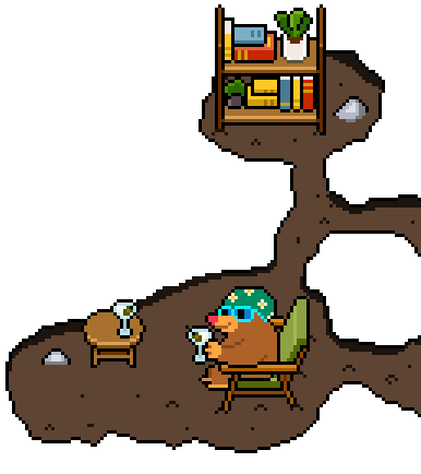 Pixel art of a bear wearing sunglasses sitting in a green chair inside a cave, holding a drink, with a small table and a wooden shelf with books and a plant.
