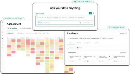 Dashboard showing cybersecurity assessment with MITRE mapping colored by detection coverage and incident overview for business email compromise.