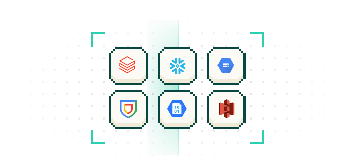 Grid of six technology platform logos including Databricks, Snowflake, Google Cloud, Google Shield, Google Calendar API, and AWS S3, arranged in two rows of three.