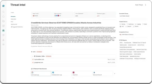 Threat Intel dashboard showing high risk score, data sources, visibility gaps, detection gaps, and IoCs detected related to SEO poisoning from Bing search to ransomware.