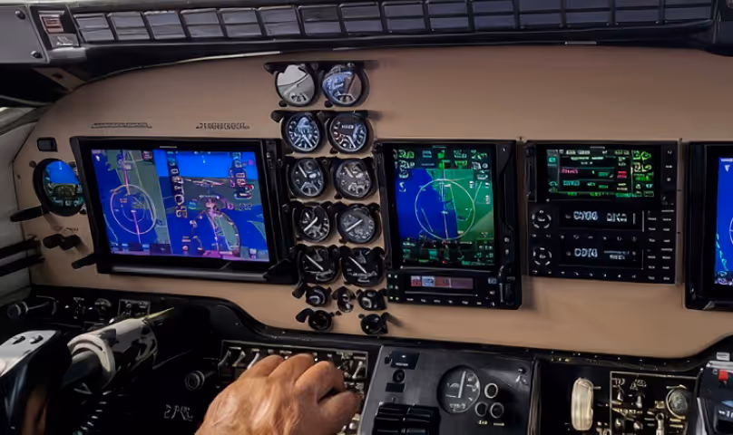 Close-up of updated avionics equipment inside plane.