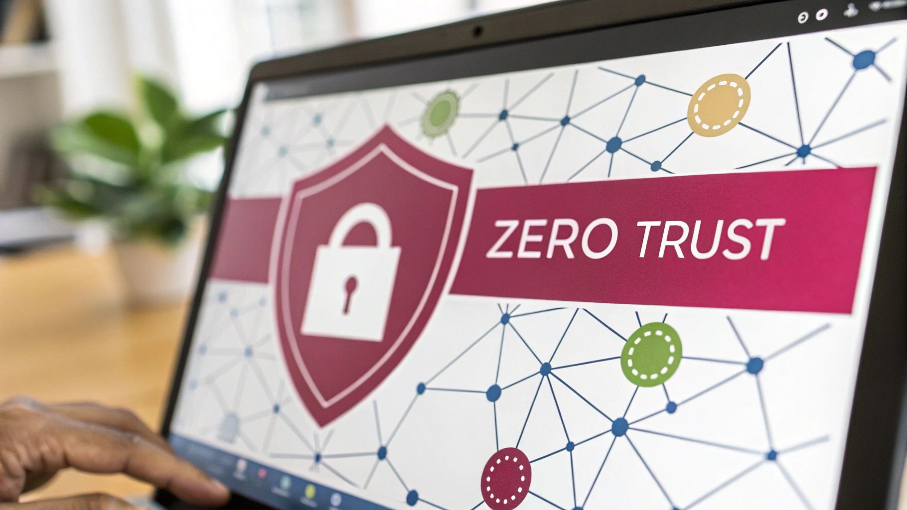 An image illustrating the concept of a Zero Trust security model with interconnected, verified nodes.