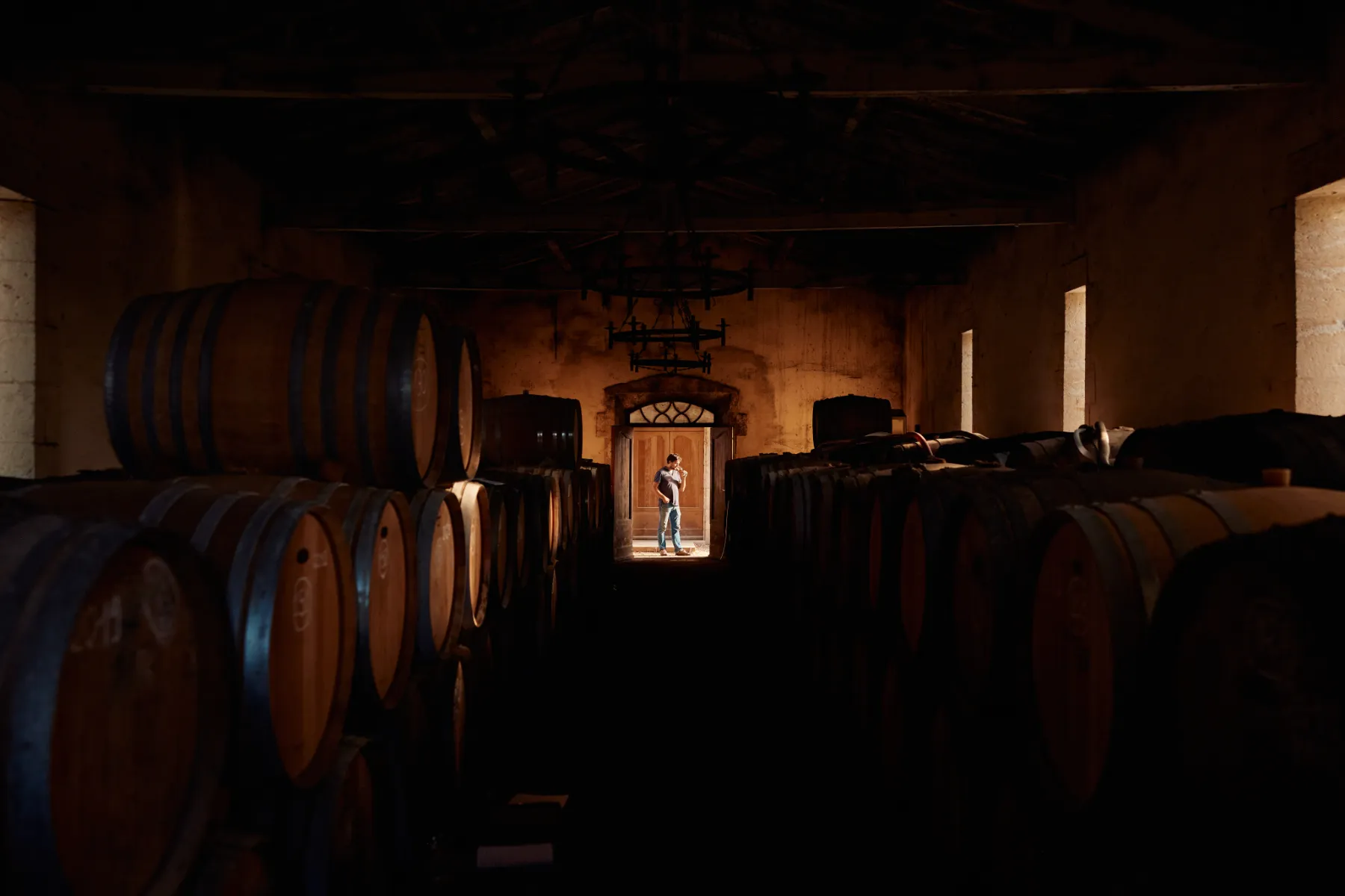 Rows of Armagnac barrels lining a dark Gascony estate cellar.