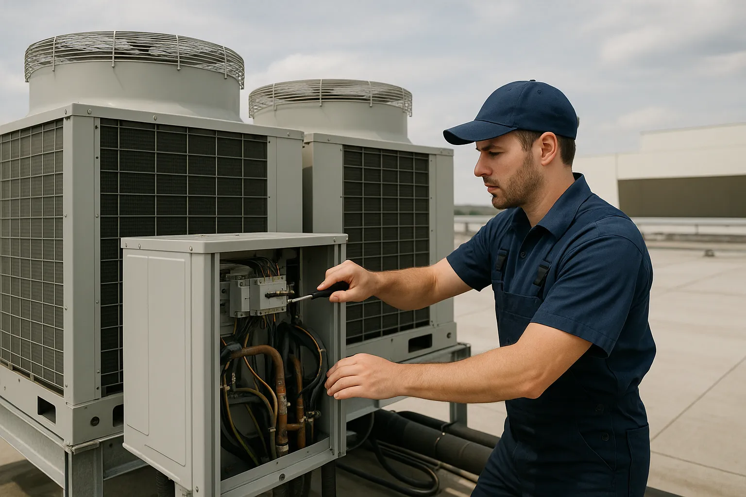 HVAC Tech servicing a commercial HVAC unit in Denver