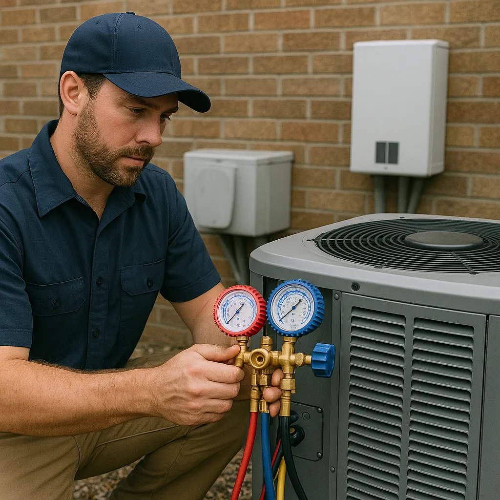 Field tech assisting in routine AC and Heat Pump maintenance