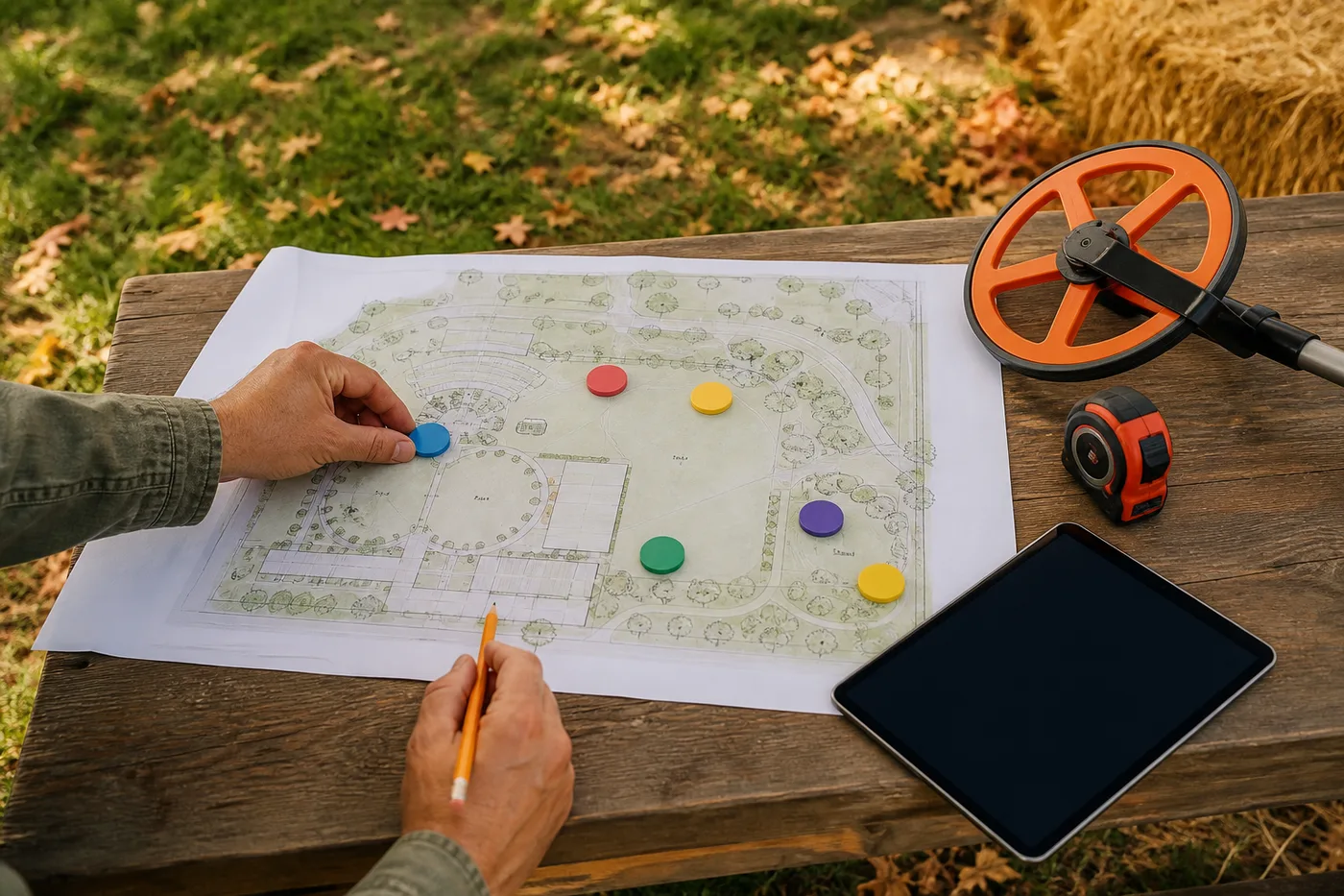 Organizer measuring an open event site while reviewing a digital site plan.