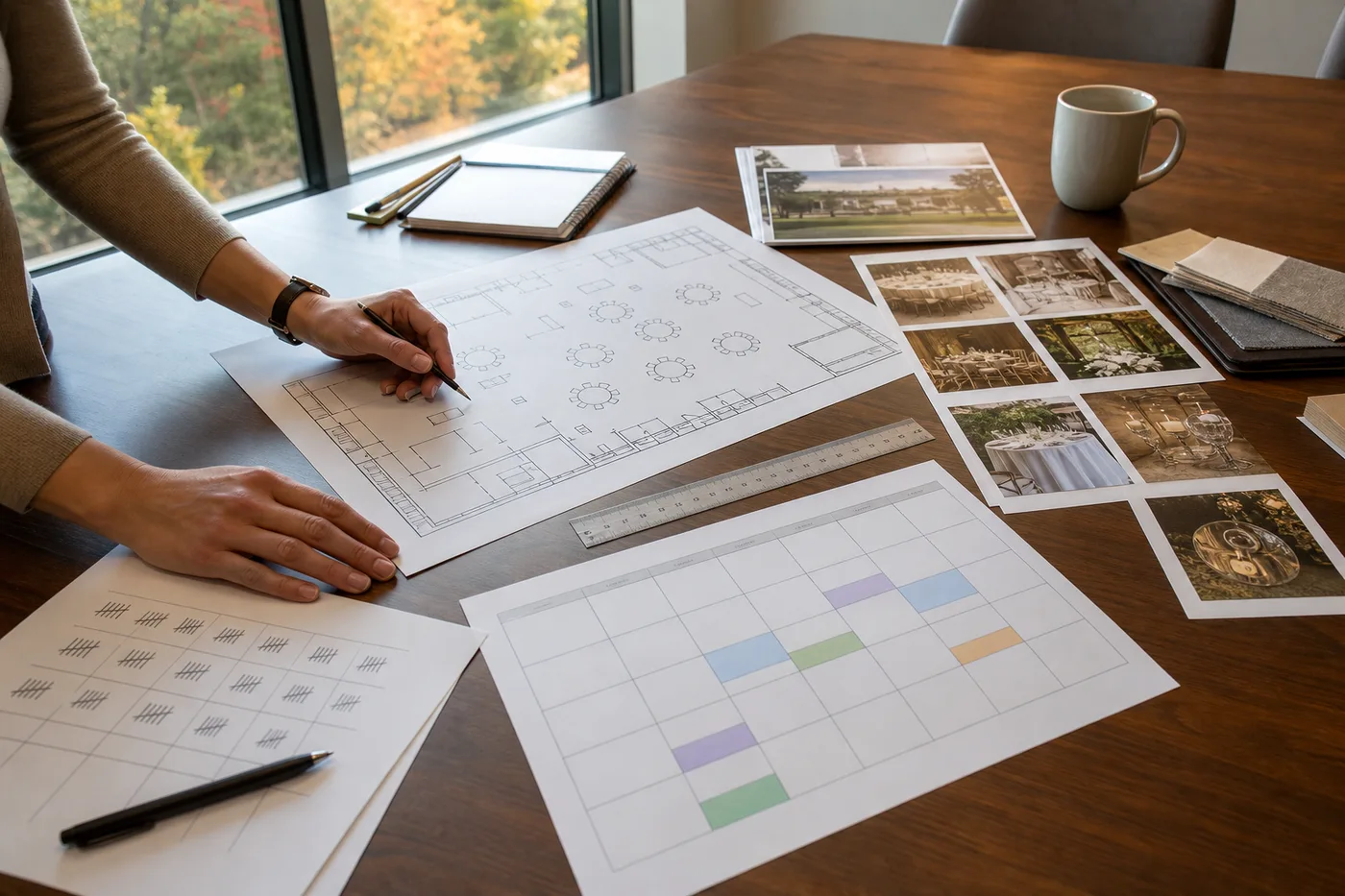 Event planner comparing a floor plan, calendar, and rental notes on a work table.