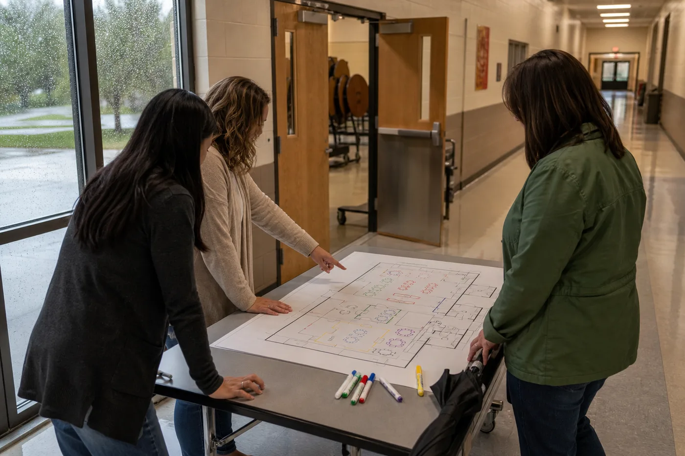 School event team reviewing a rain plan beside a map and covered activity area.