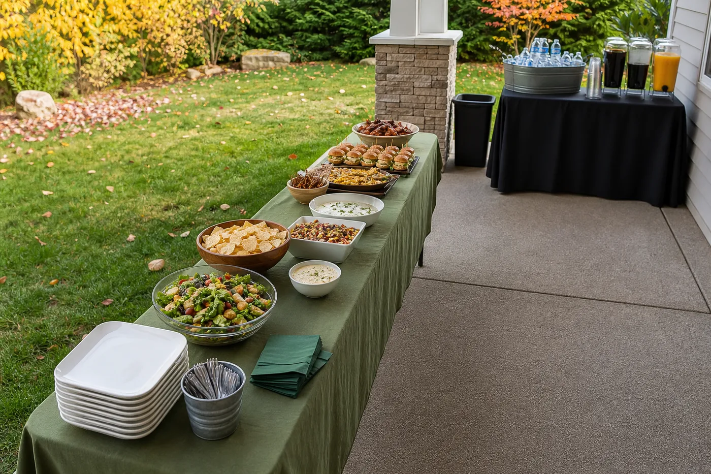 Backyard buffet arranged in one direction with a separate drink station and an open walking lane.