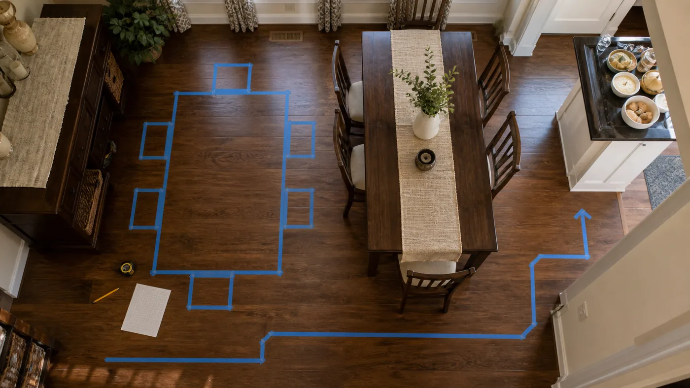 Overhead dining-room view with painter’s tape marking an extra table, chair positions, and an open serving route.