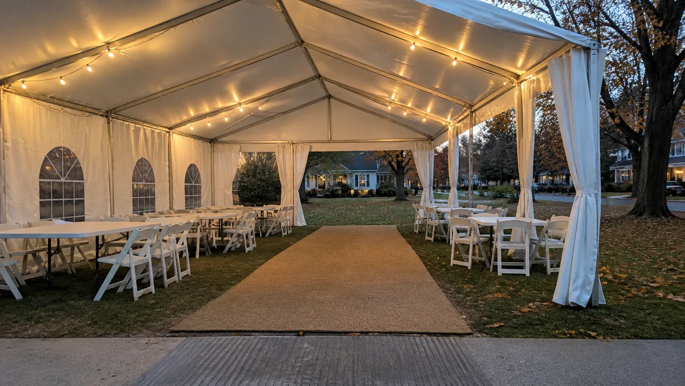 White fall event tent with selected sidewalls, open bays, warm lighting, and a dry entrance mat.