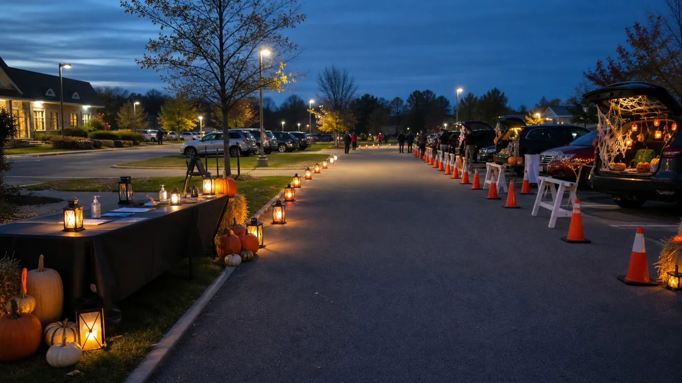 Well-lit Halloween arrival and check-in route separated from parked decorated vehicles by cones.