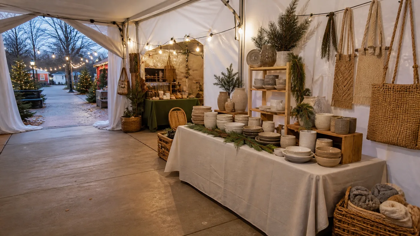 Handmade goods displayed on a vendor table inside an open white event tent with a dry guest path.