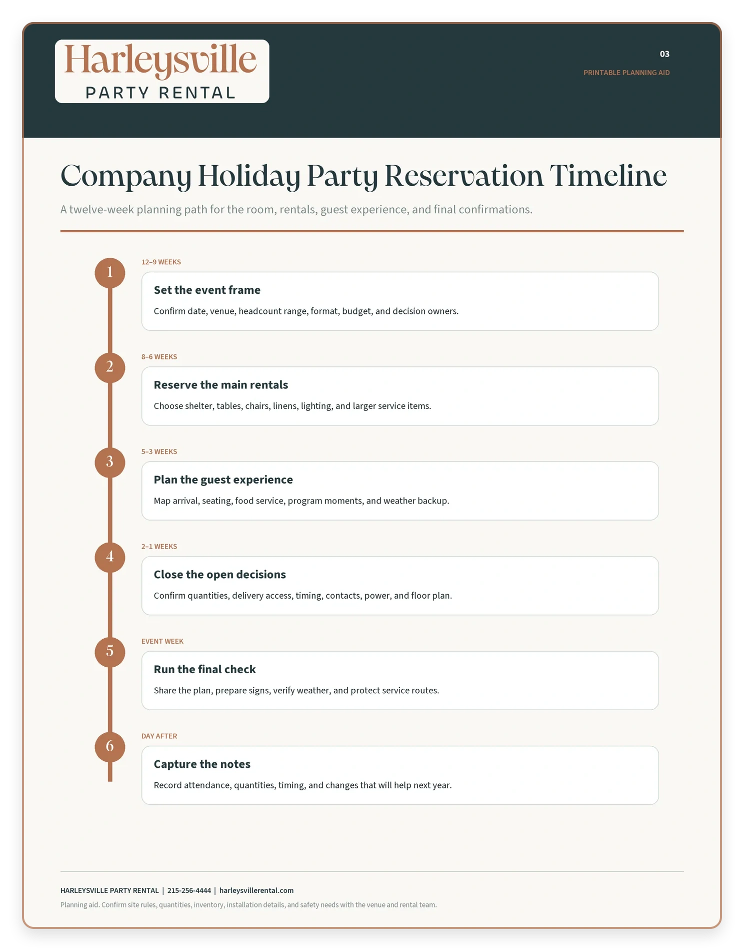 HPR-branded twelve-week company holiday party timeline from event frame through the day-after notes.