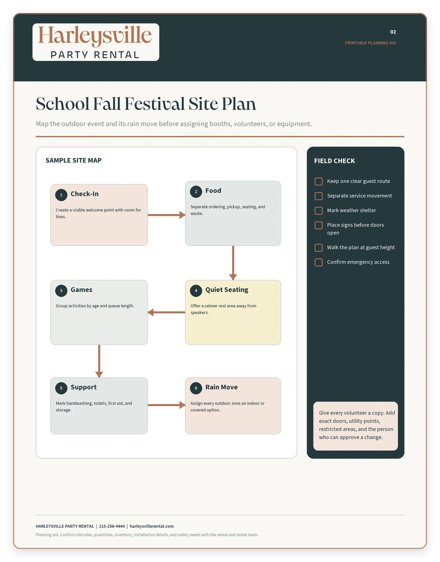 HPR-branded school fall festival map showing check-in, food, games, quiet seating, support, rain move, and a field-check list.