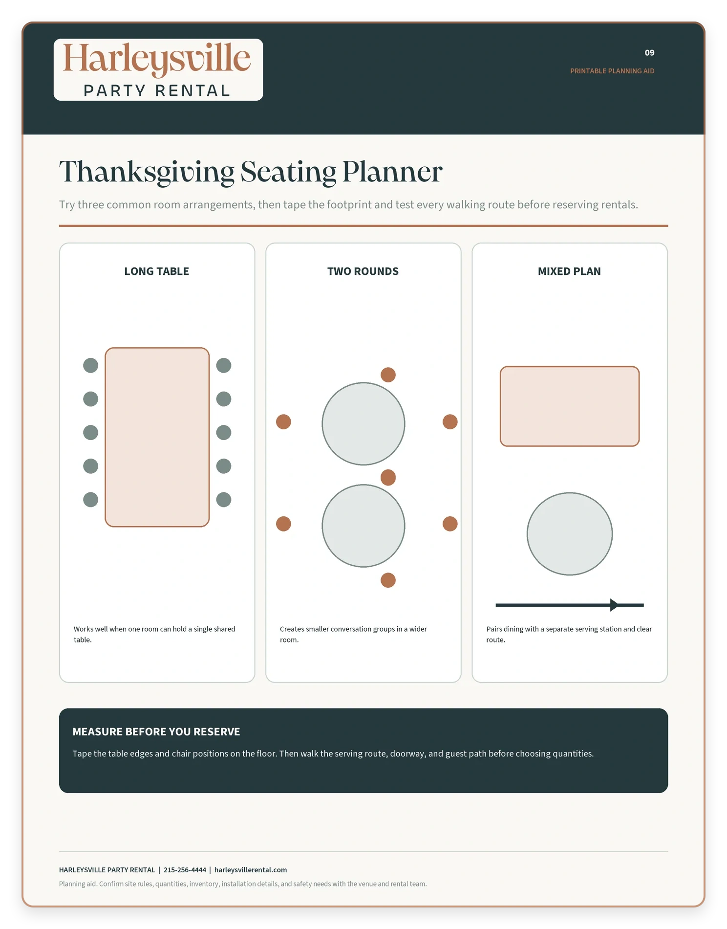 HPR-branded Thanksgiving planner comparing a long table, two round tables, and a mixed dining and serving layout.