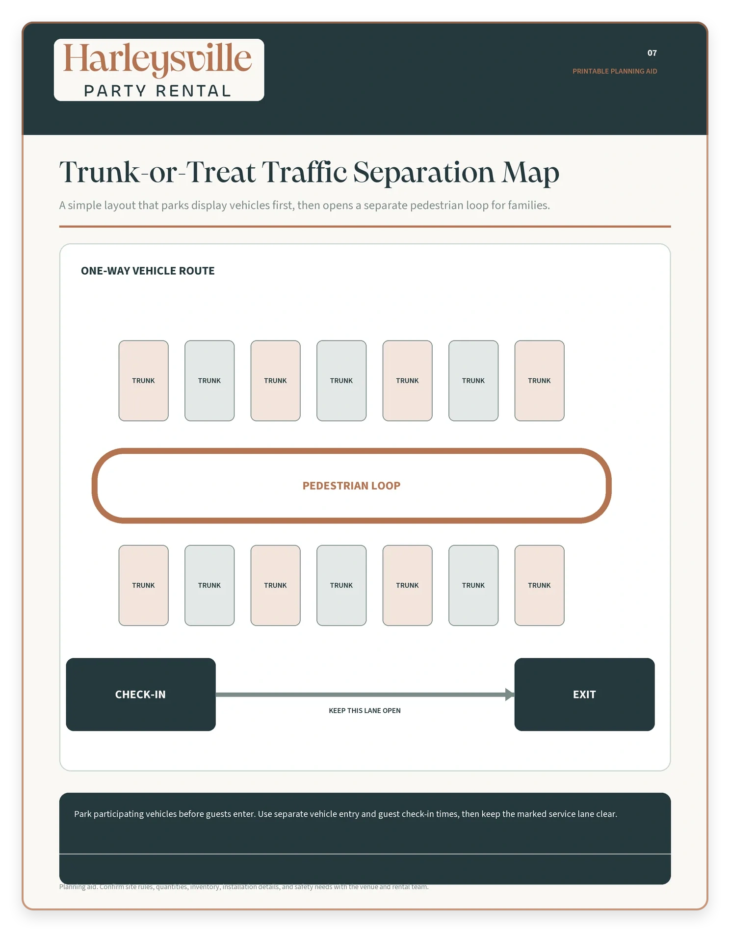 HPR-branded Trunk-or-Treat map showing two parked trunk rows, a pedestrian loop, check-in, exit, and an open service lane.
