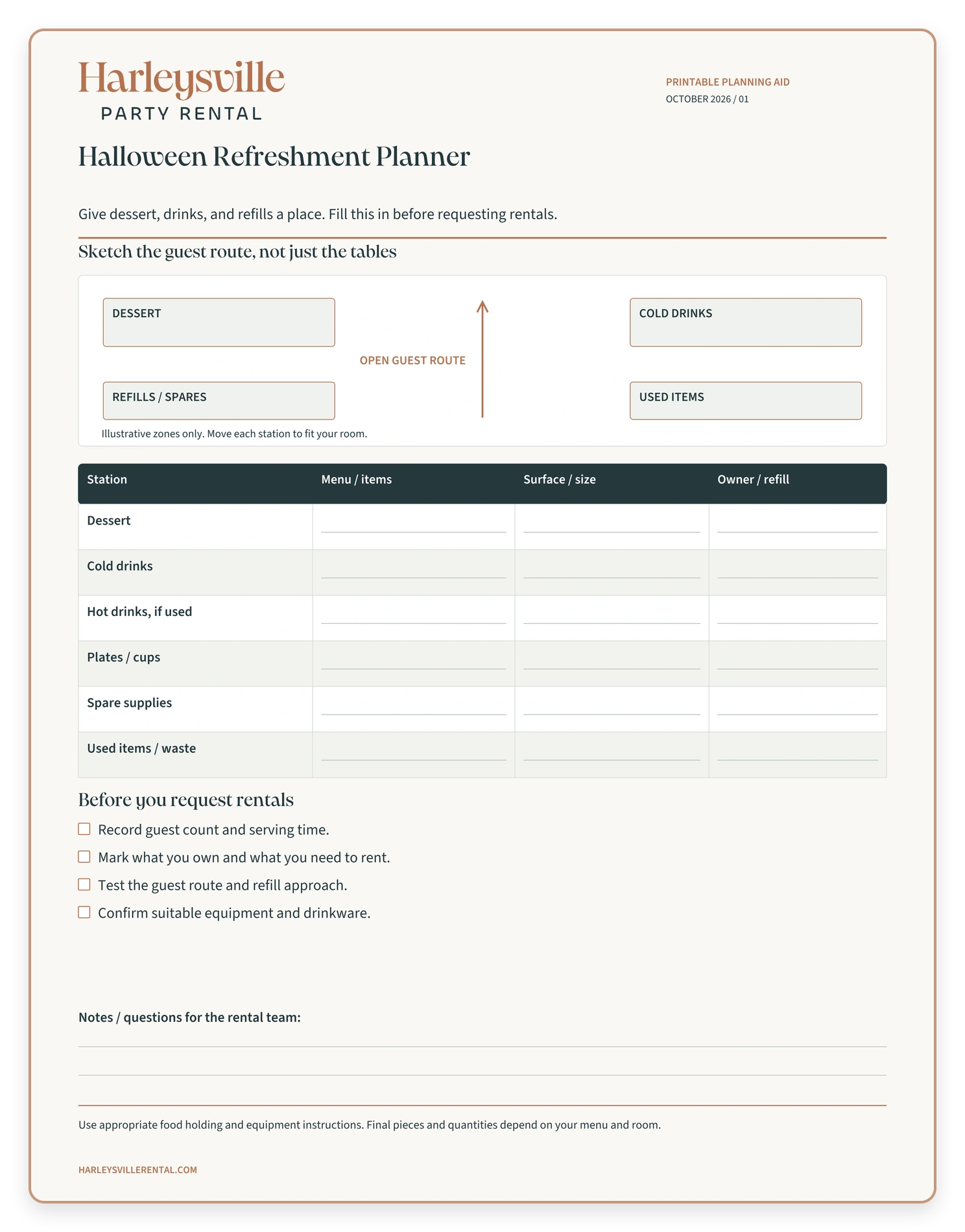 Harleysville Party Rental halloween refreshment planner with fill-in fields and a rental-planning checklist.