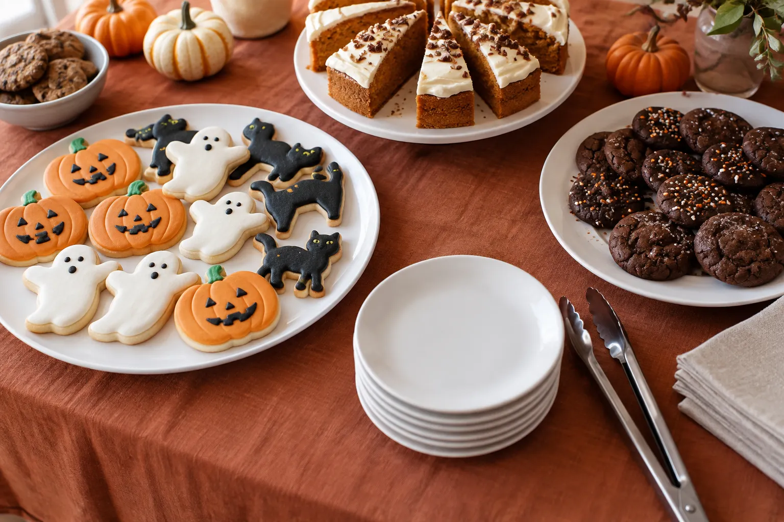 Halloween cookies and sliced cake on white platters beside stacked dessert plates, serving tongs, and napkins.