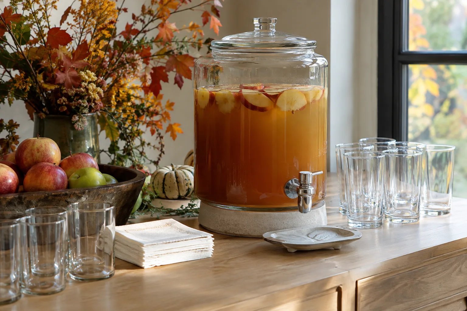 Cold cider dispenser with clear tumblers, folded napkins, and a small drip tray on a wooden serving surface.