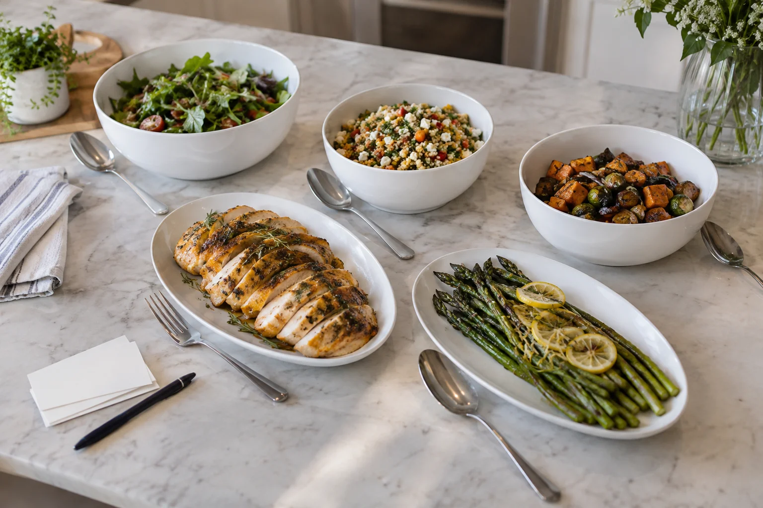 White serving bowls and oval platters of food with separate utensils, blank cards, and a pen on a kitchen counter.
