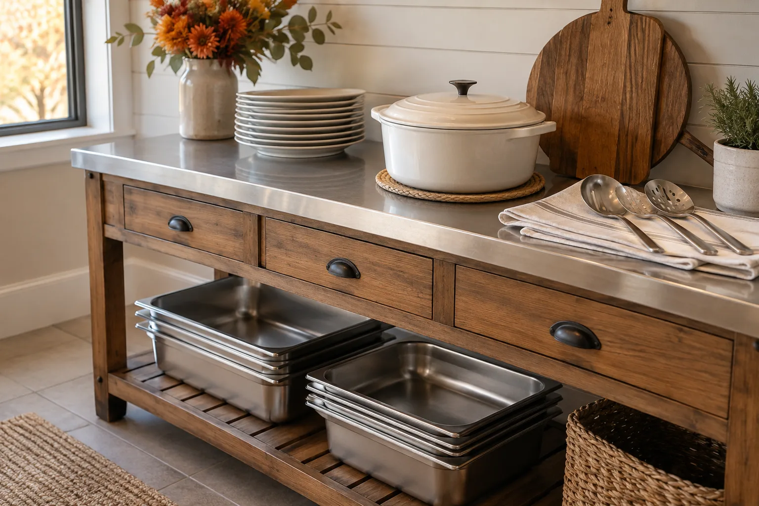 Buffet replenishment sideboard with a covered pot, stacked plates, clean serving utensils, and empty stainless food pans below.