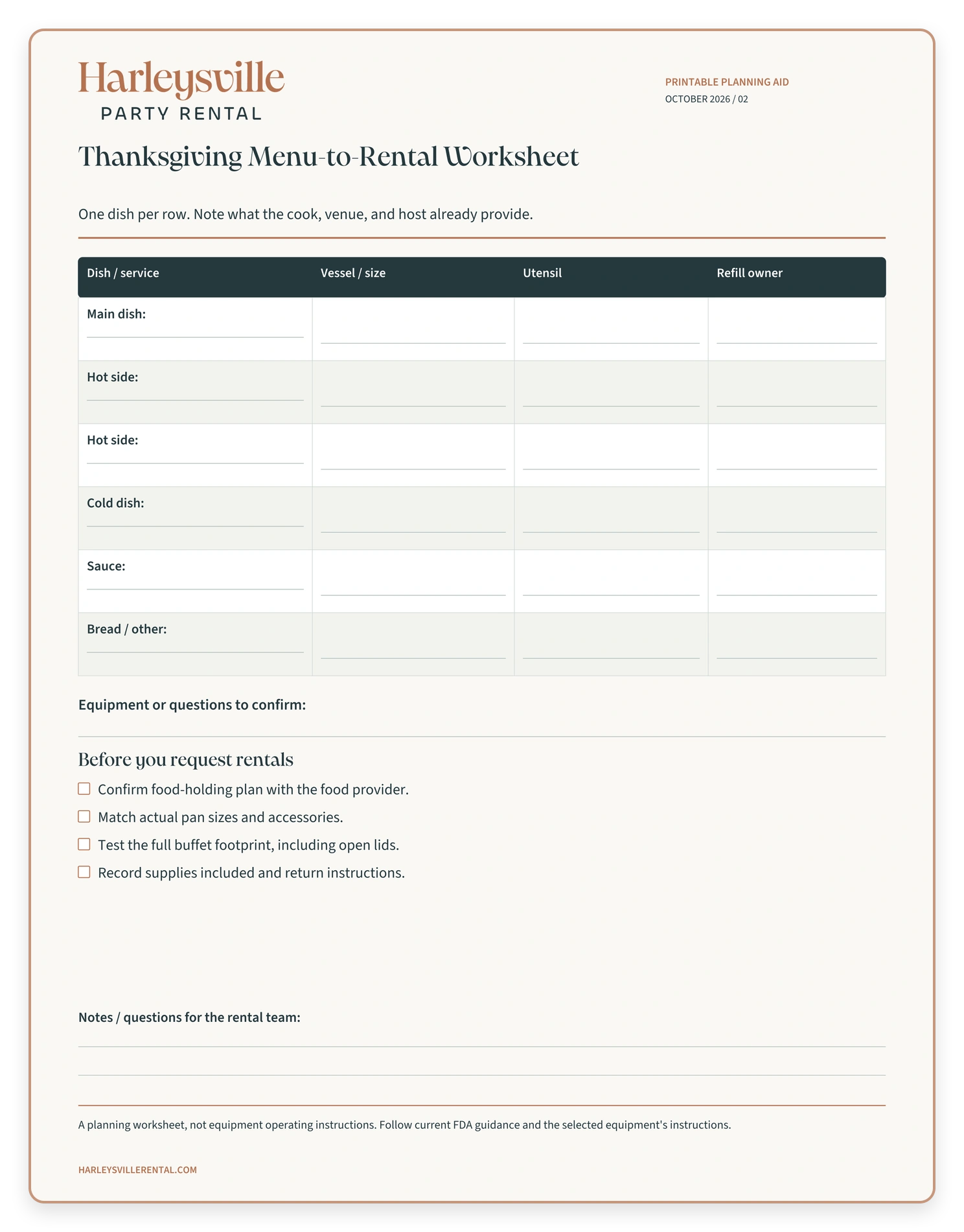 Harleysville Party Rental thanksgiving menu-to-rental worksheet with fill-in fields and a rental-planning checklist.