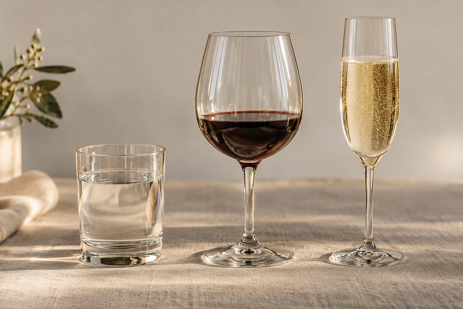 Water tumbler, stemmed wine glass, and champagne flute side by side on a neutral tablecloth.