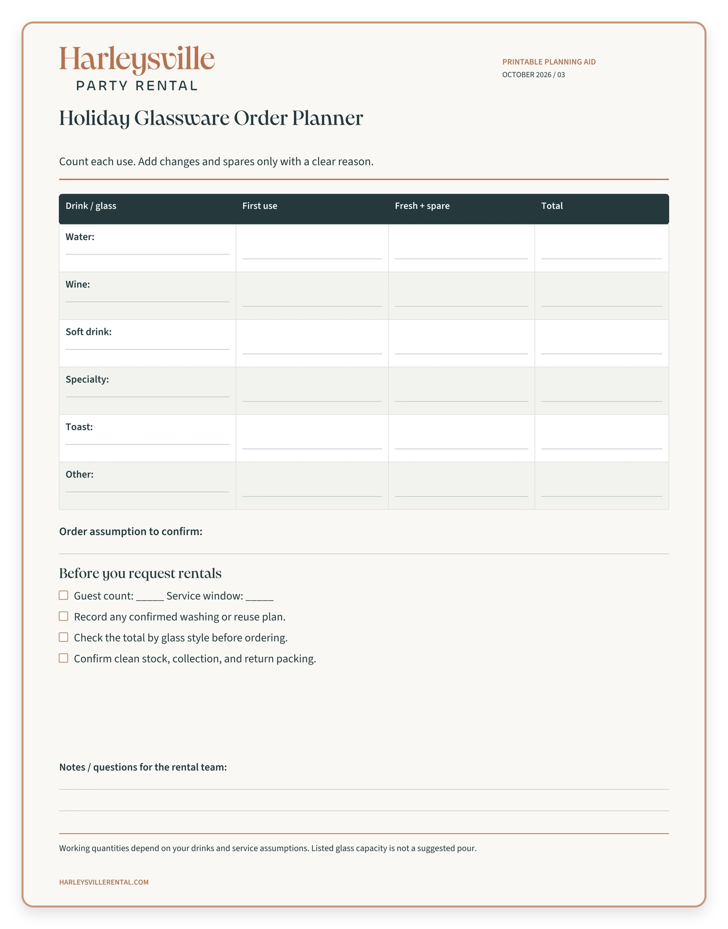 Harleysville Party Rental holiday glassware order planner with fill-in fields and a rental-planning checklist.