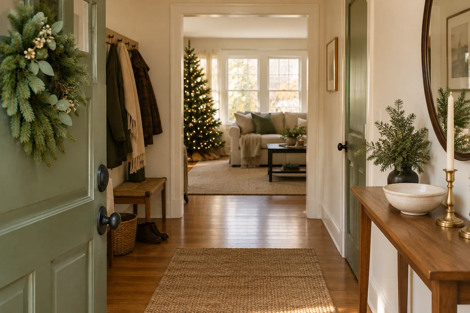 Home entry with coats set to one side and a small welcome surface outside the door's swing.