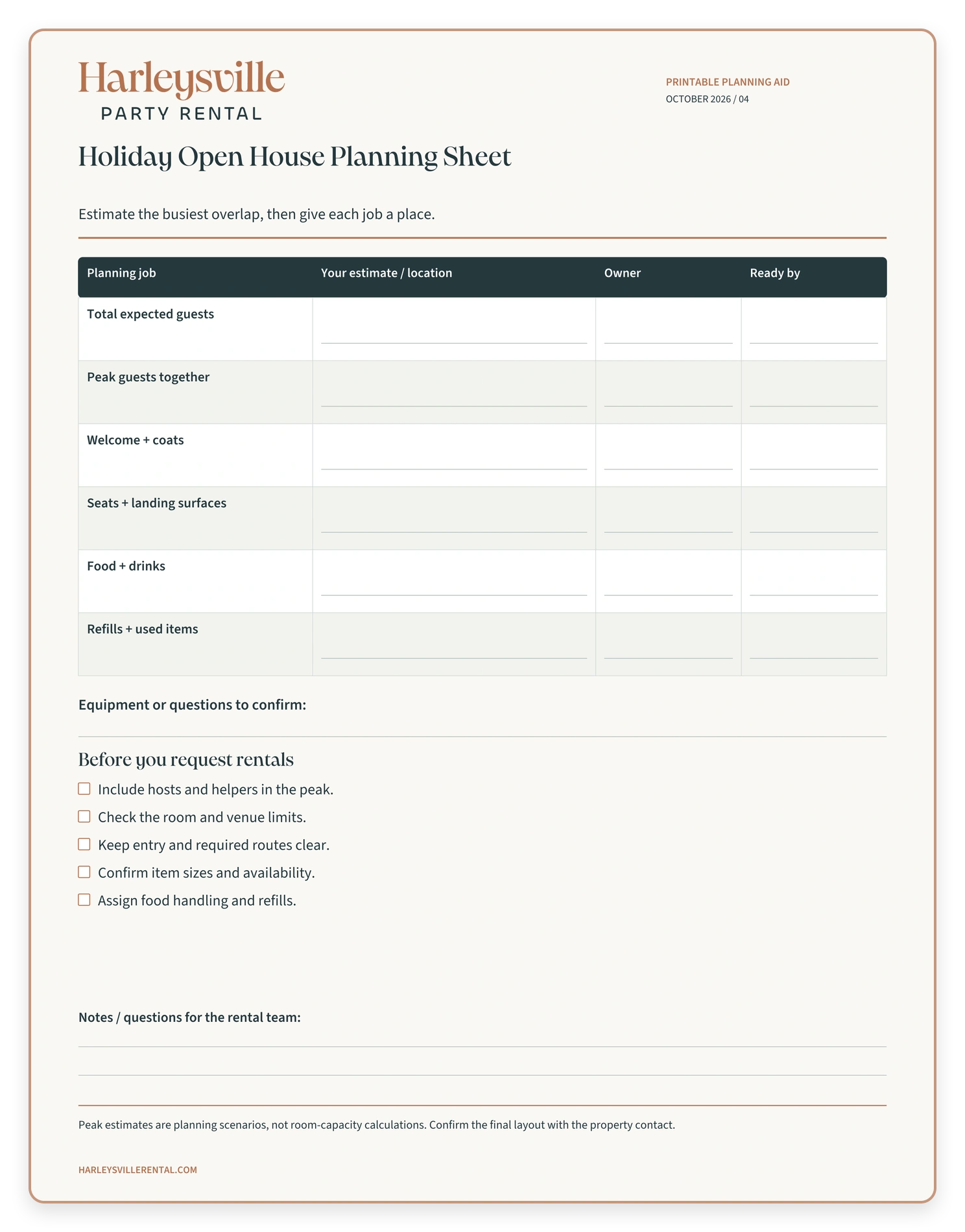 Harleysville Party Rental holiday open house planning sheet with fill-in fields and a rental-planning checklist.