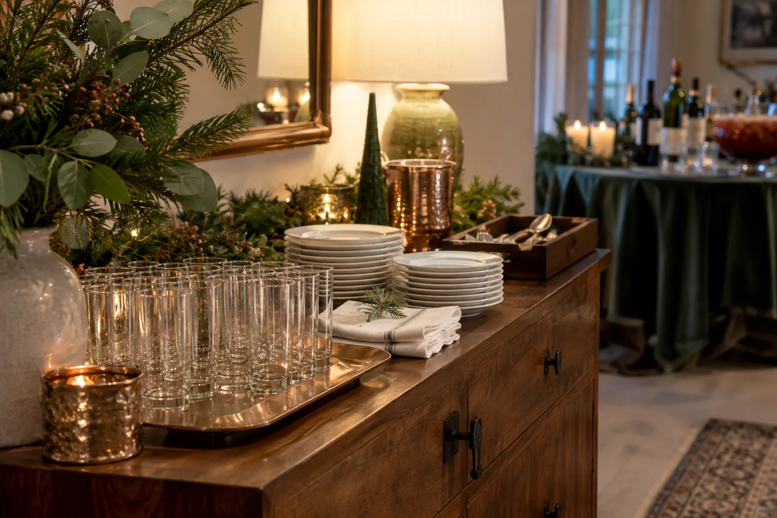 Holiday replenishment sideboard with spare glasses, plates, and neatly grouped serving supplies.