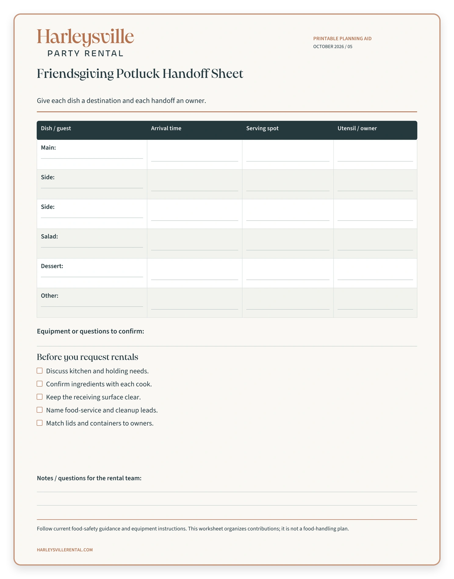 Harleysville Party Rental friendsgiving potluck handoff sheet with fill-in fields and a rental-planning checklist.