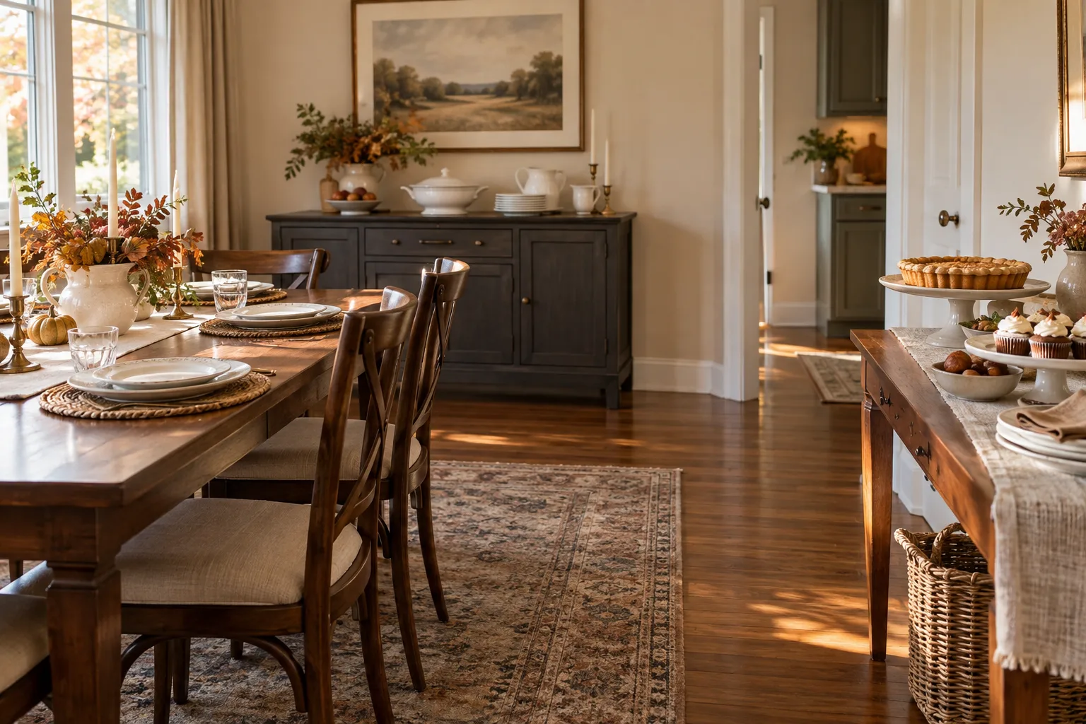 Friendsgiving dining and serving areas arranged with a clear walking route between the tables.
