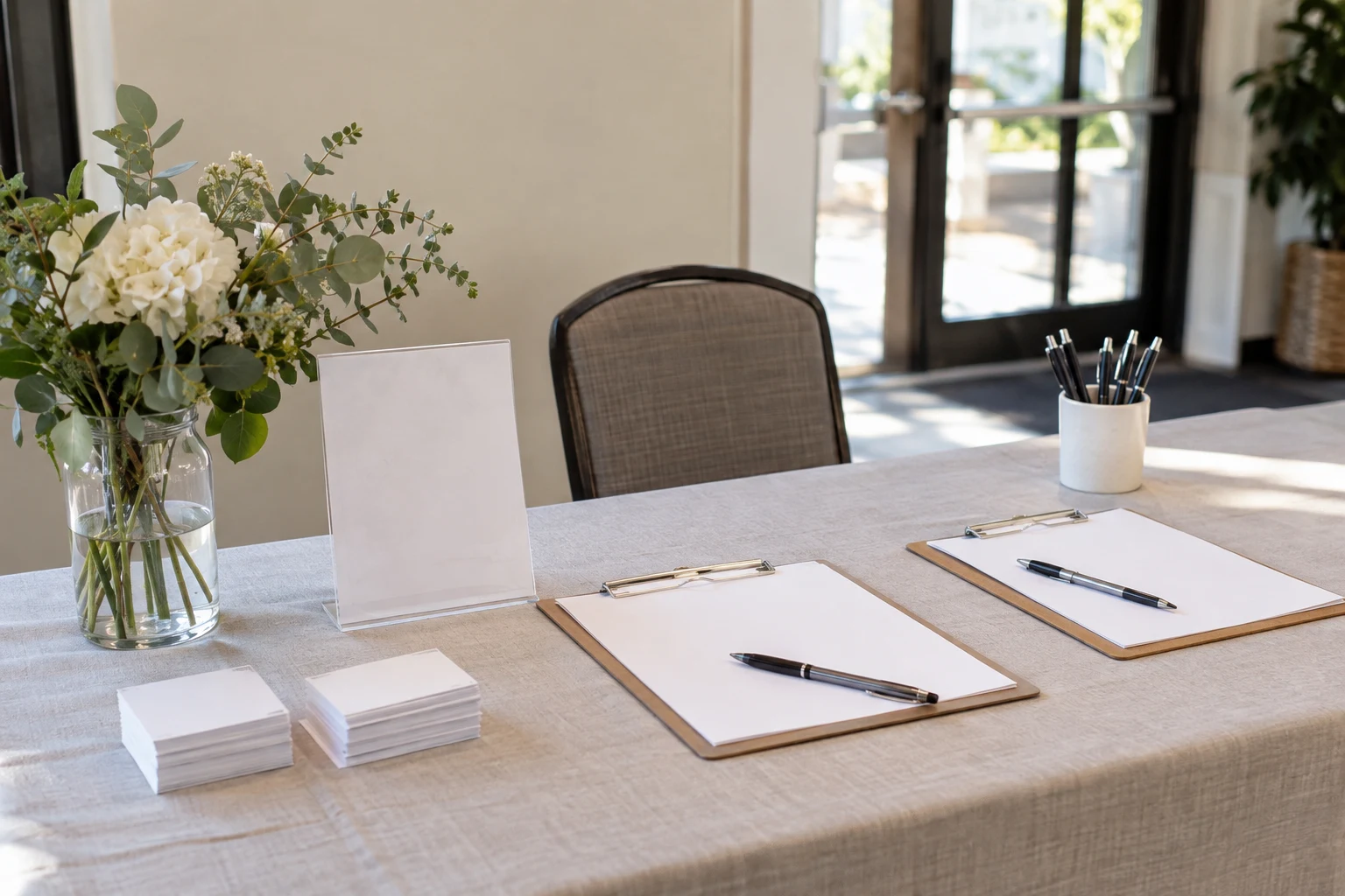 Fundraising dinner check-in table with clipboards, blank cards, and organized arrival supplies.
