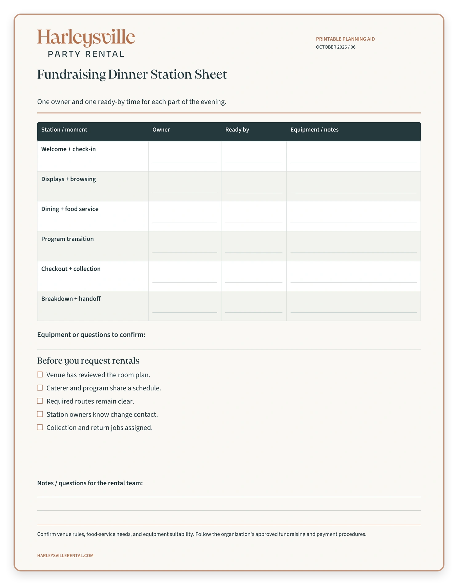 Harleysville Party Rental fundraising dinner station sheet with fill-in fields and a rental-planning checklist.