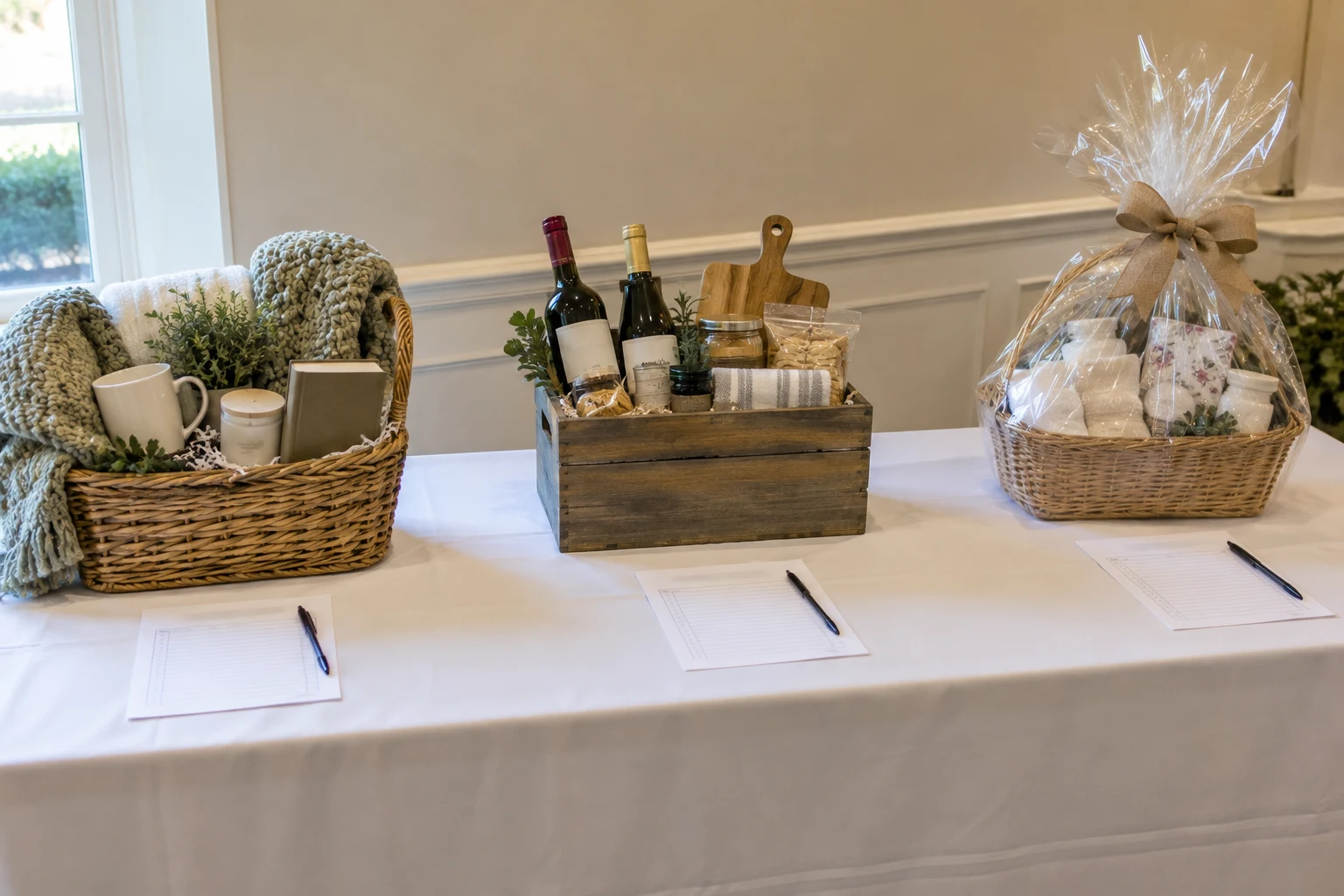 Three gift baskets spaced along a fundraising display table with blank bid sheets in front.