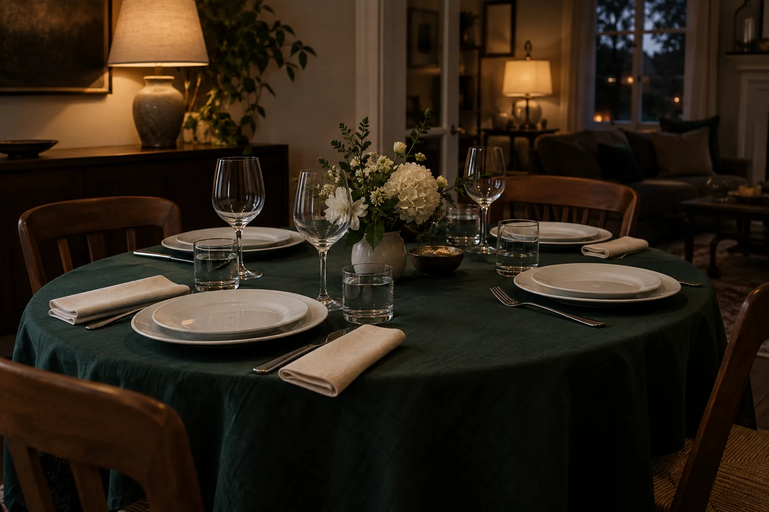 Formal evening Thanksgiving table concept with a deep green cloth, white china, stainless flatware, and clear stemmed glasses.