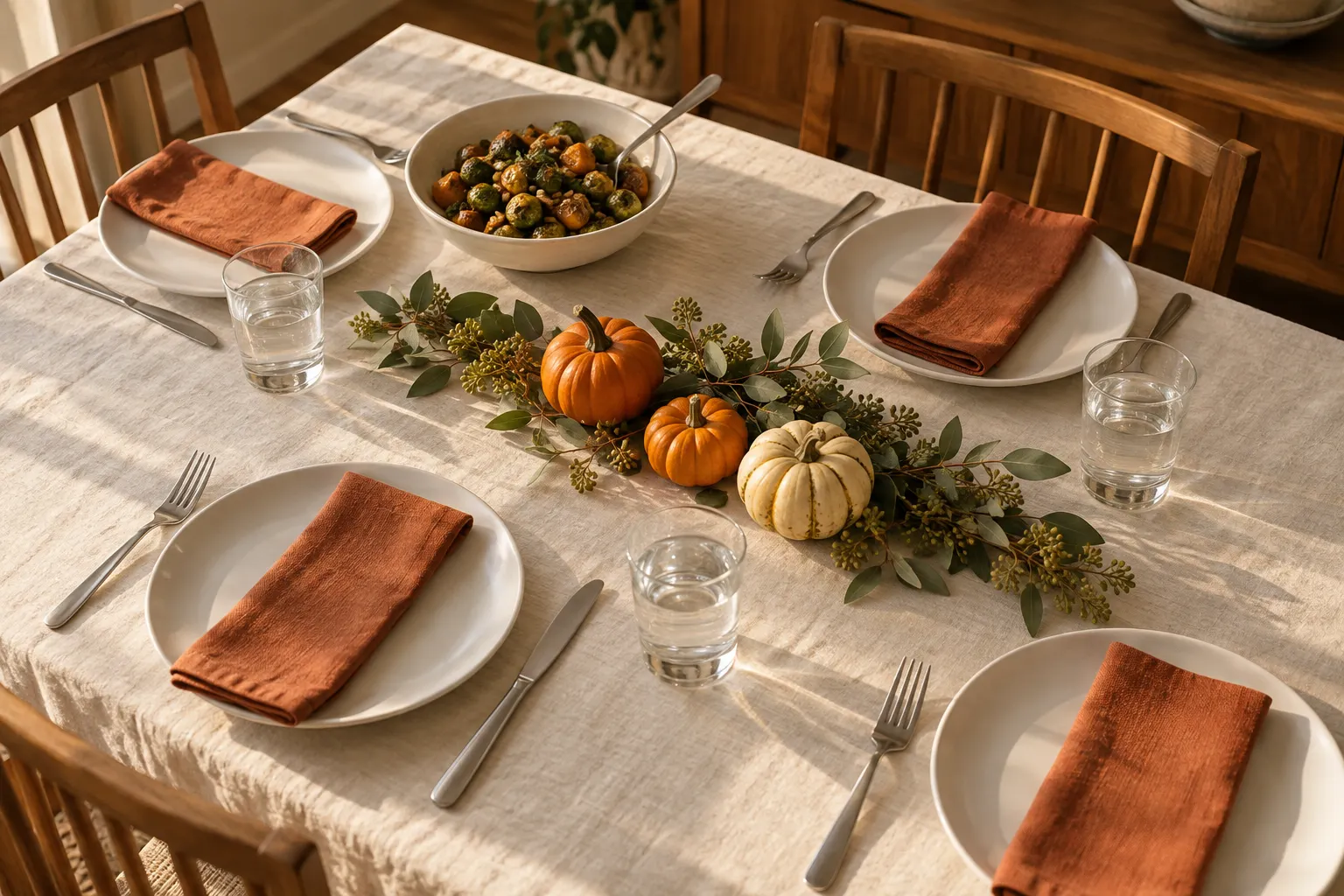 Warm autumn Thanksgiving table concept with white china, rust-colored napkins, clear glasses, and a few small pumpkins.