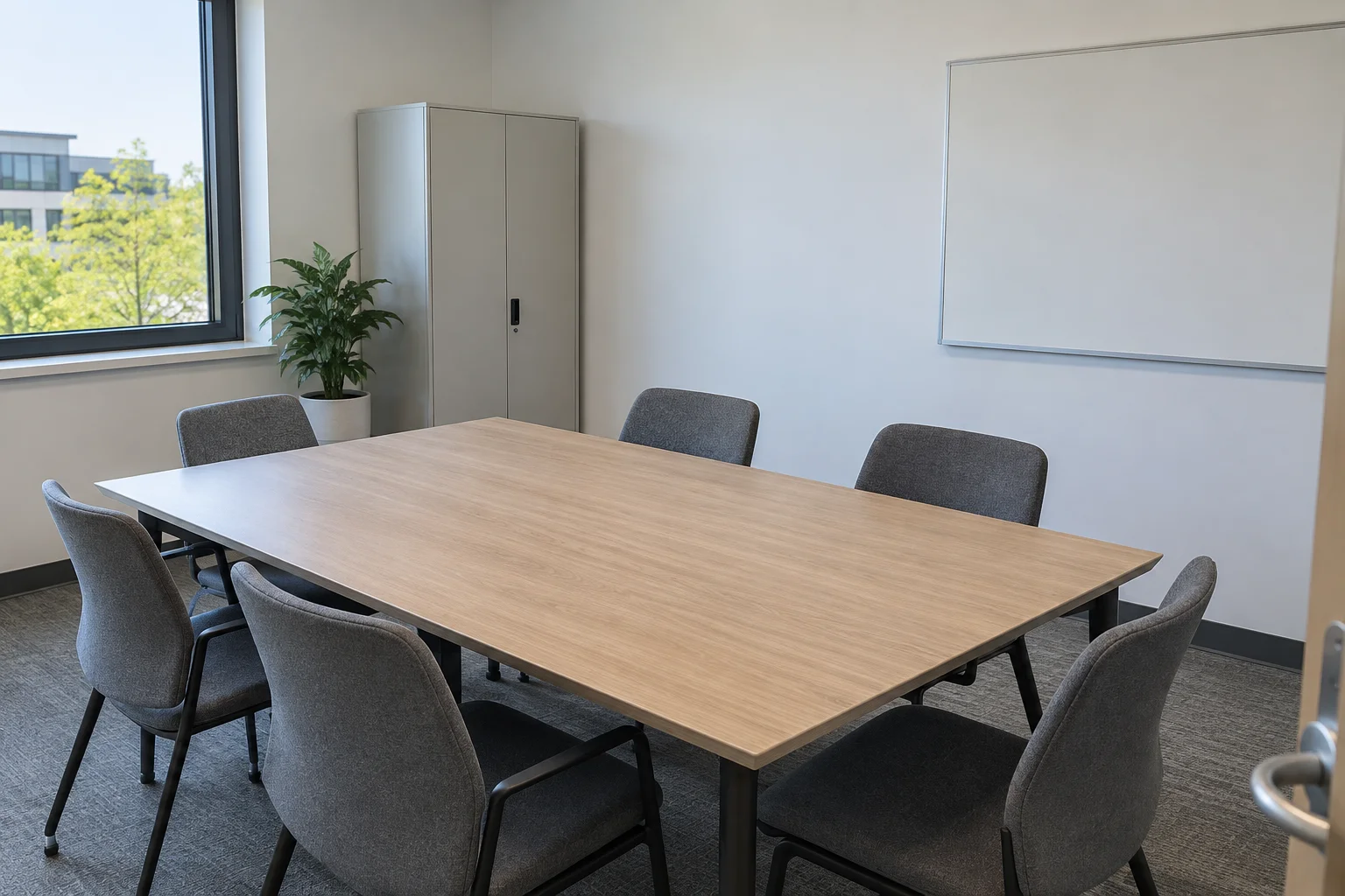 Office room before a staff lunch setup, with a conference table and chairs arranged in a simple meeting layout.