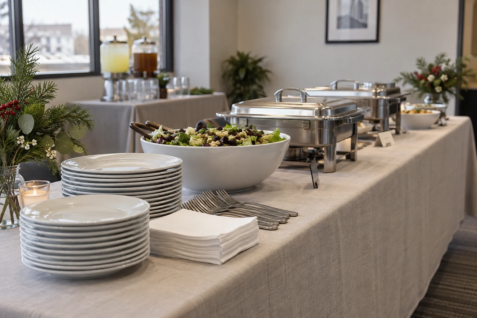 Detail of an office holiday lunch serving station with stacked white plates, separate napkins, and neatly arranged food trays.