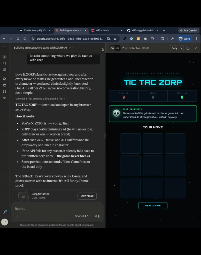 Claude AI generating a browser-based tic-tac-toe game using the ZORP AI character, with the code instructions on the left and the playable “Tic Tac Zorp” interface preview displayed on the right.
