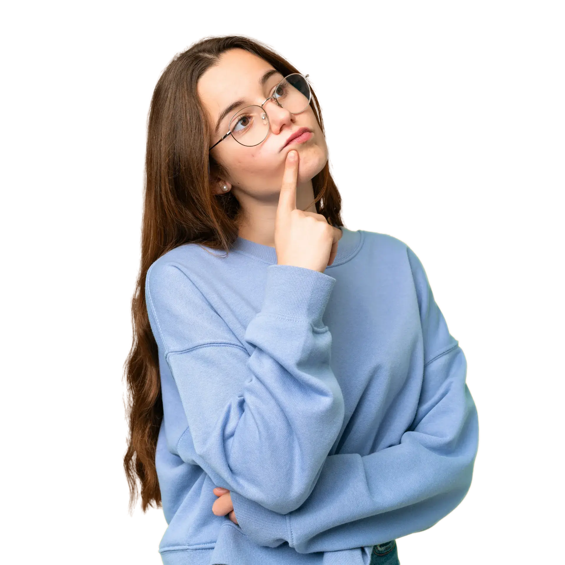 Young woman in glasses and a blue sweater thinking with a finger on her chin.