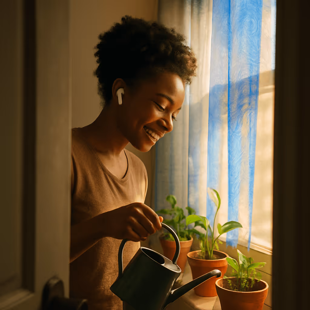 A Black woman in her 20s wears wireless in-ear