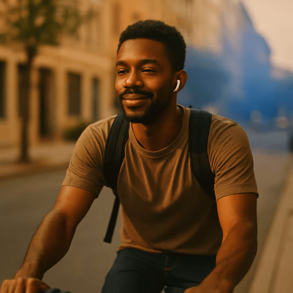 A Black man in his late 20s rides his bike