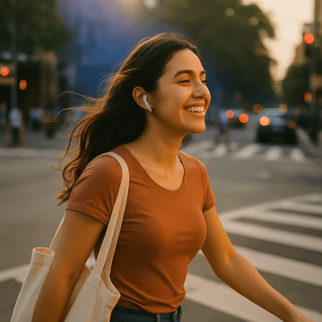 A Latina woman in her 20s crosses a busy intersection