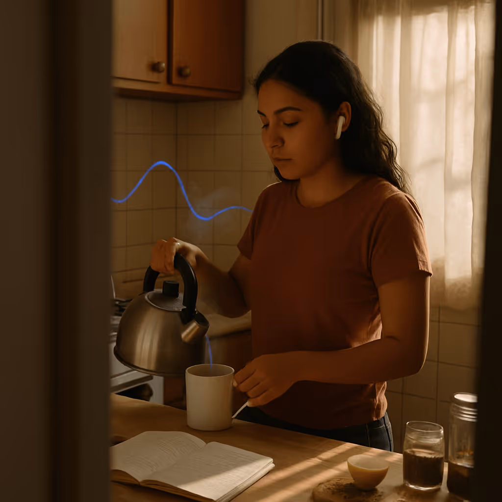 A young Latina woman stands in her small kitchen, wearing wireless in-ear headphones as she